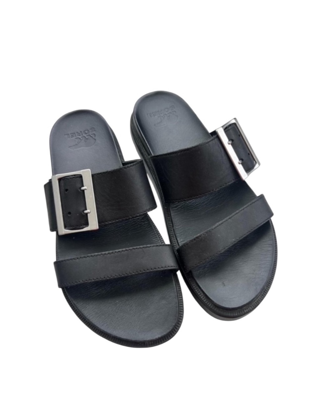 Sorel Black Leather Double-Strap Slide Sandals with Silver Buckles - Picture 2 of 5